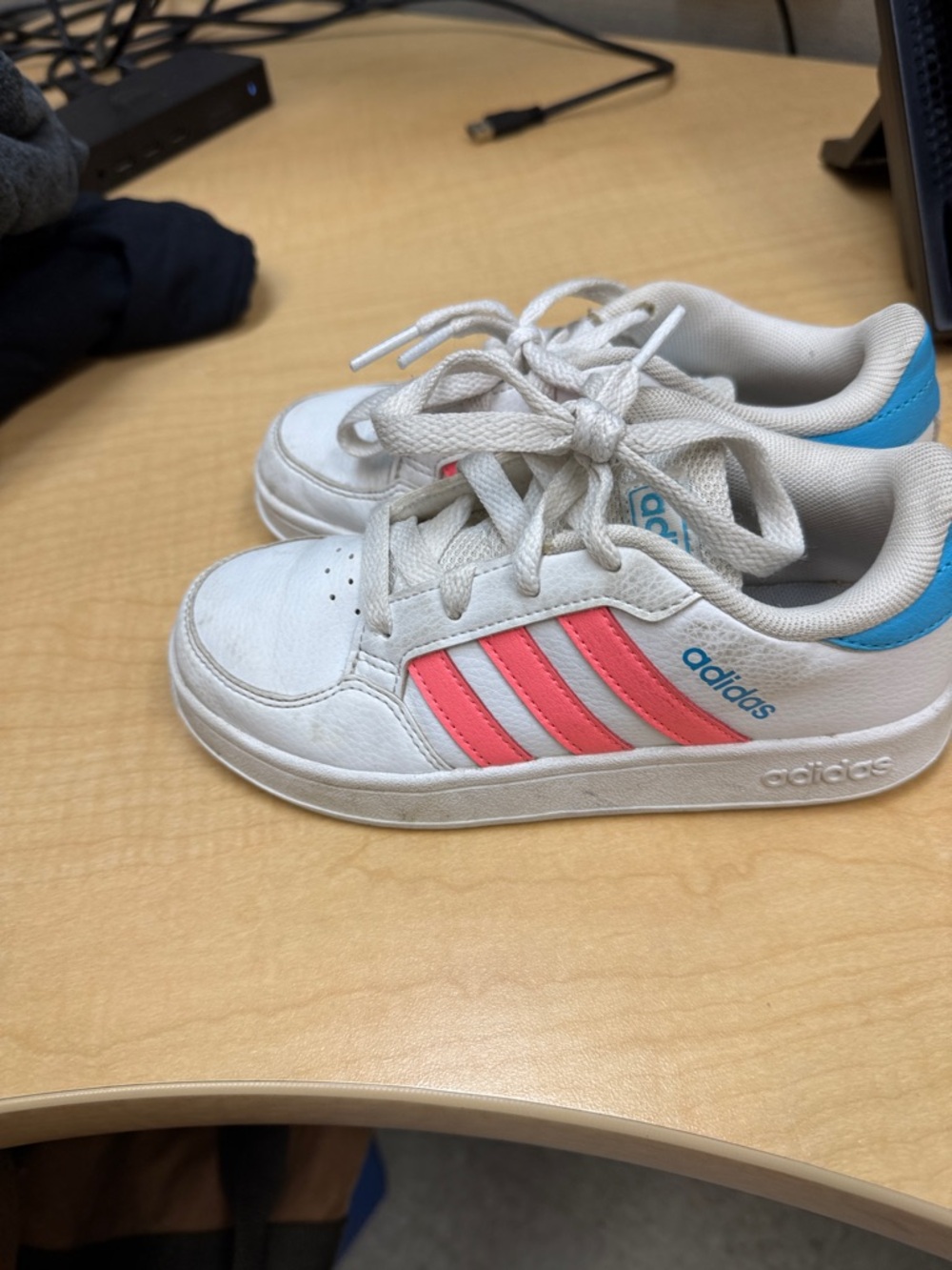 adidas Kids White Sneakers with Pink Stripes and Blue
